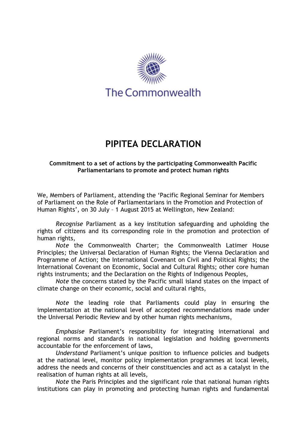 Commitment to a Set of Actions by the Participating Commonwealth Pacific Parliamentarians