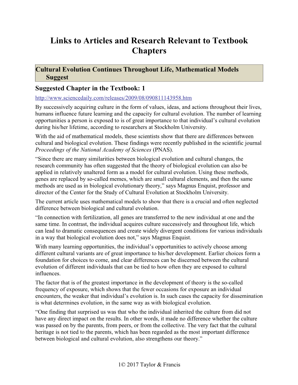 Links to Articles and Research Relevant to Textbook Chapters