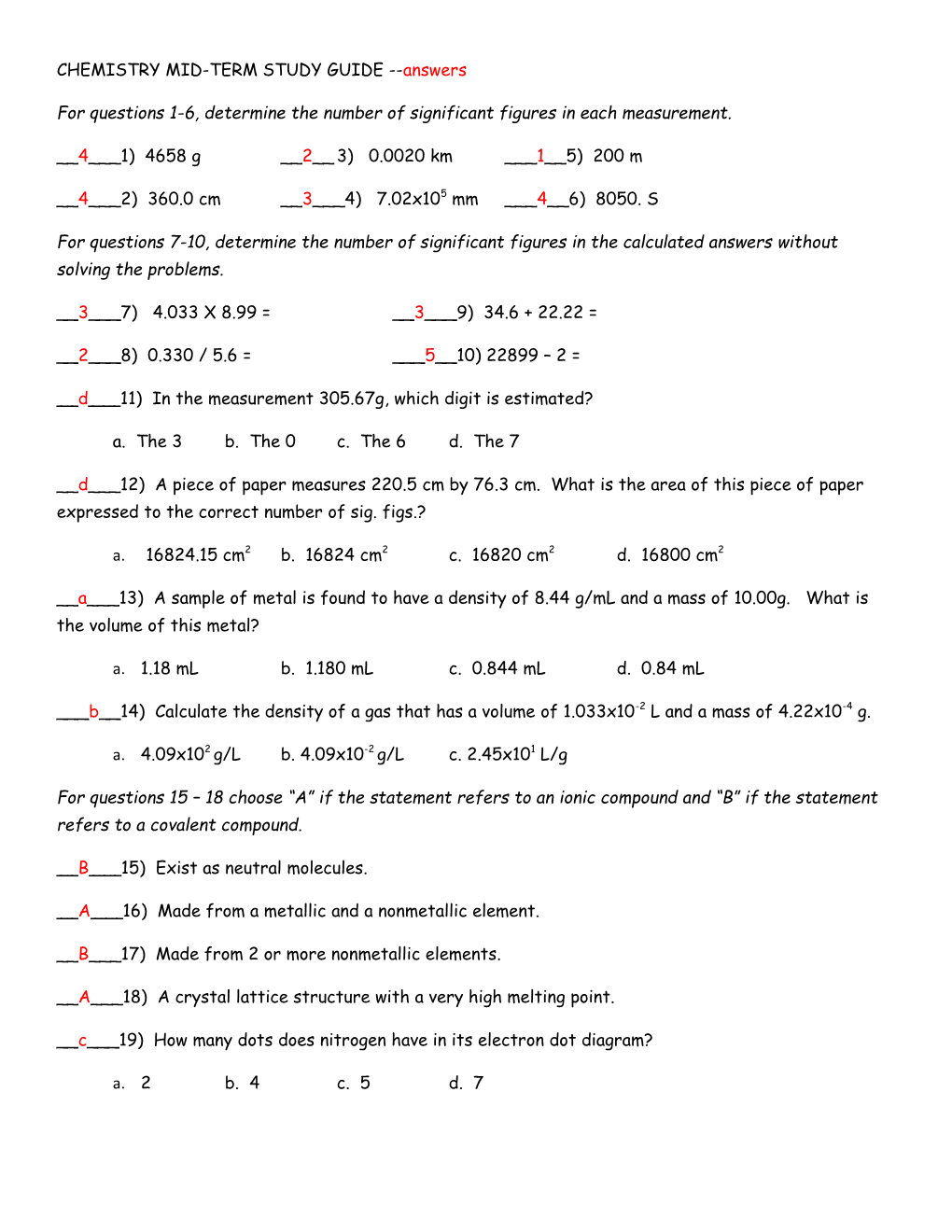 Chemistry Mid-Term Study Guide