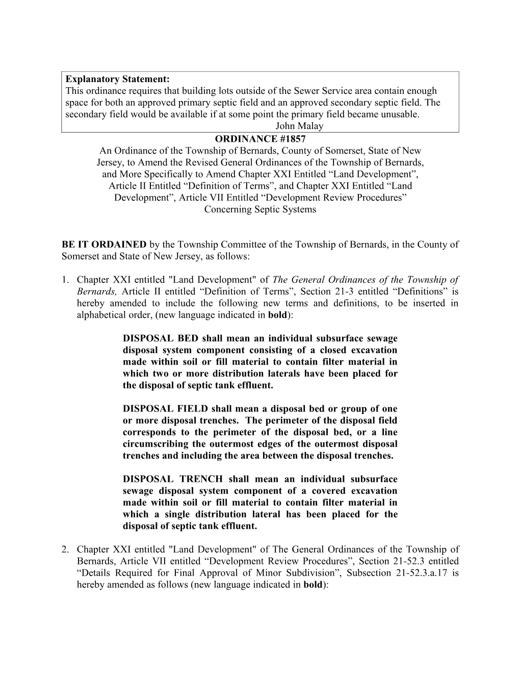 Ordinance Amending Requirements for Septic Fields (Bernards) (A0395419;1)