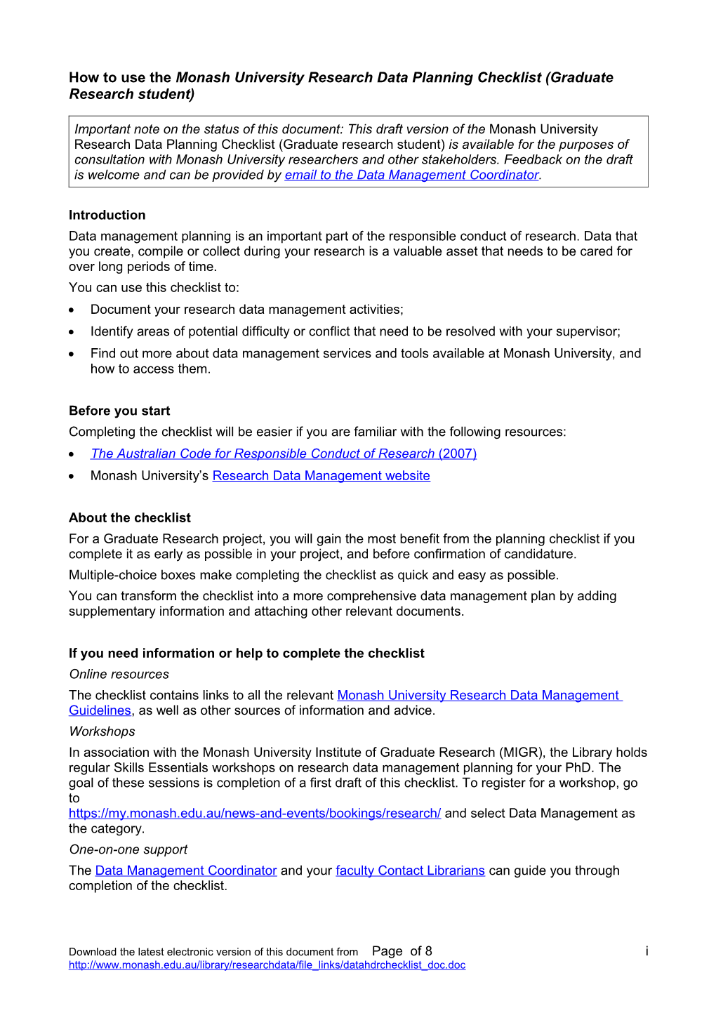 Monash University Data Management Planning Checklist