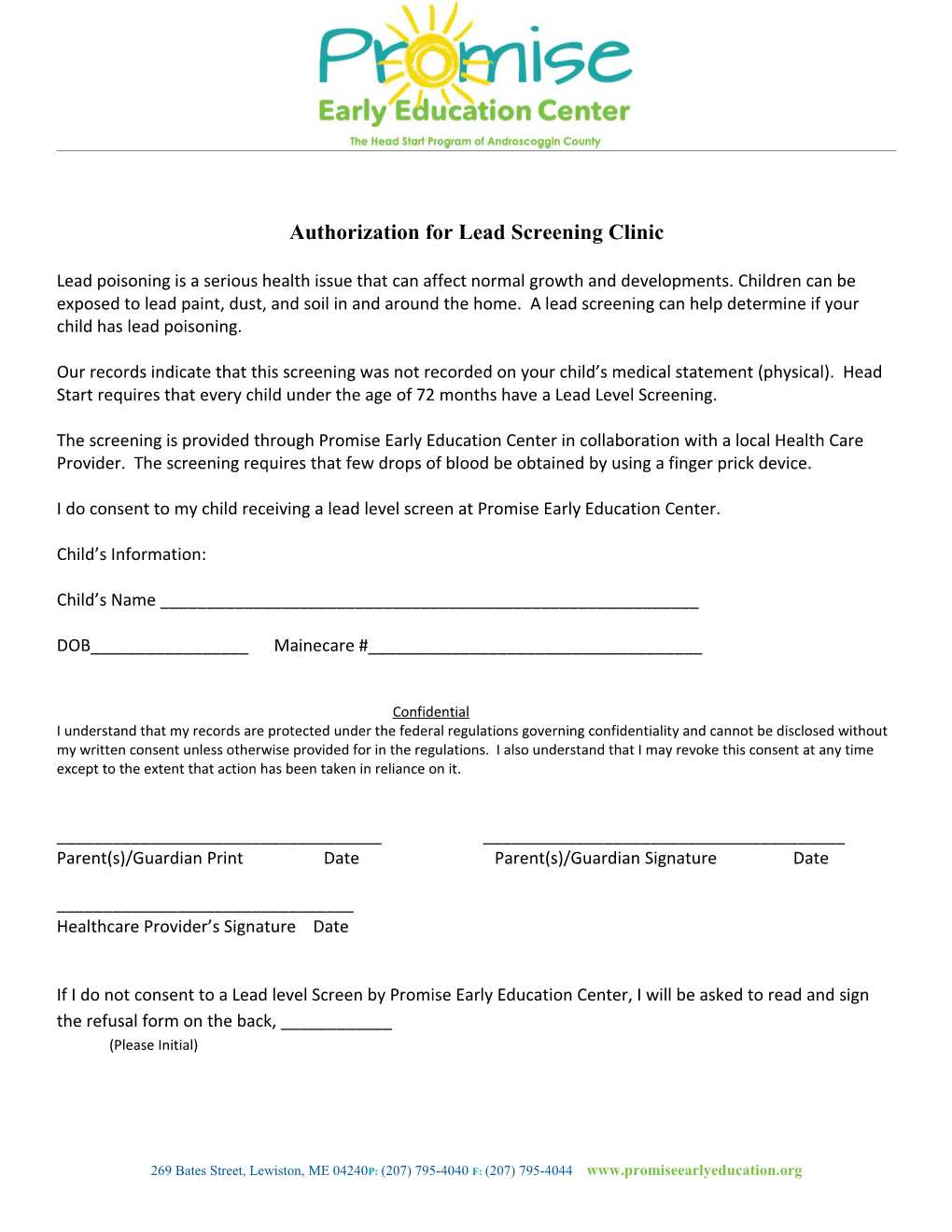 Authorization for Lead Screening Clinic