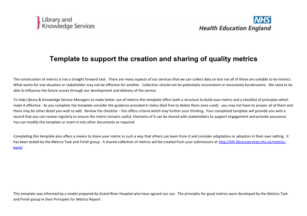 Template to Support the Creation and Sharing of Quality Metrics