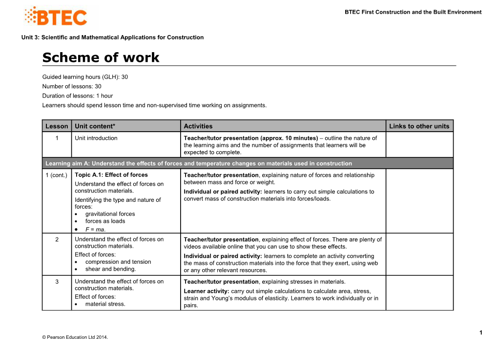 Unit 3: Scientific and Mathematical Applications for Construction - Scheme of Work (Version