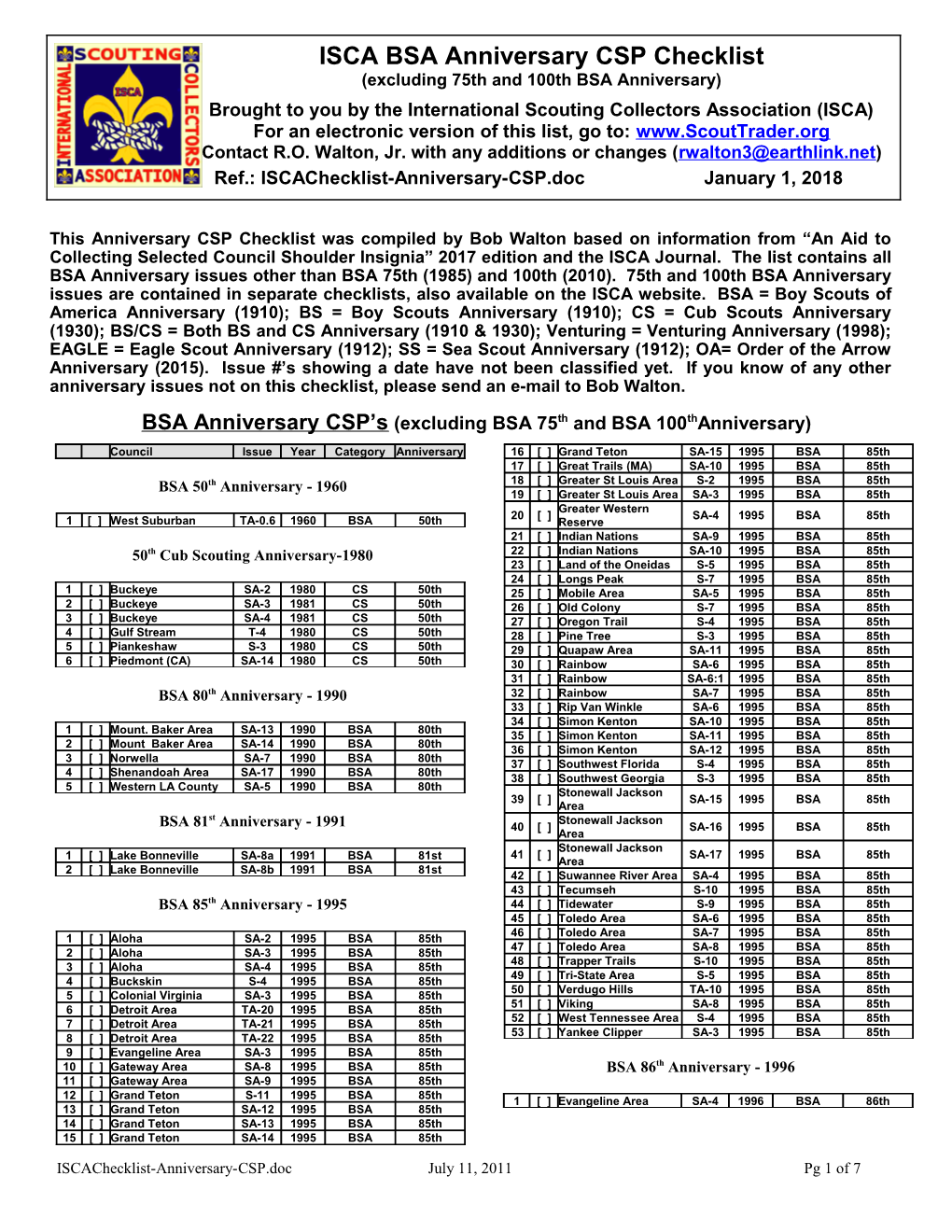 ISCA BSA Anniversary CSP Checklist