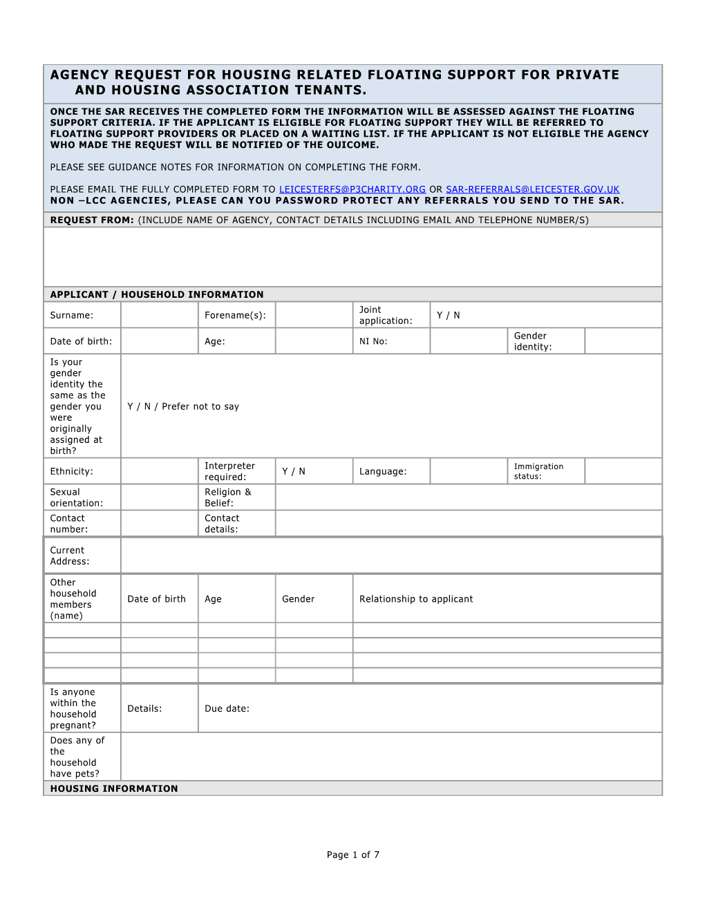 AGENCY REQUEST for Housing Related FLOATINGSUPPORT for PRIVATE and Housing Association TENANTS