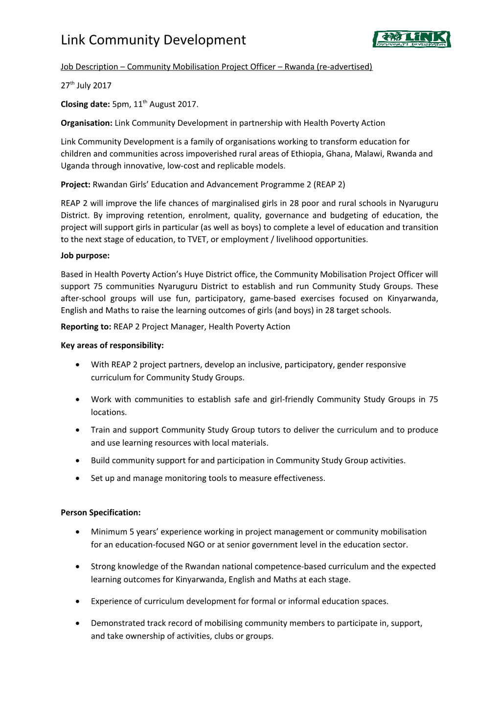 Job Description Community Mobilisation Project Officer Rwanda (Re-Advertised)