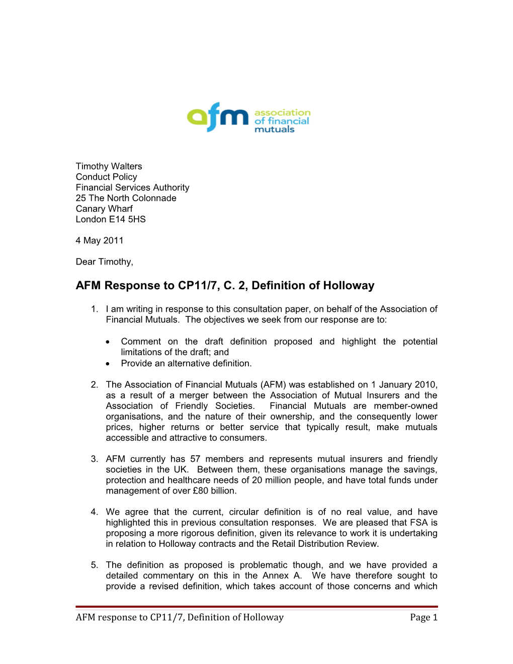 AFM Response Tocp11/7, C. 2, Definition of Holloway