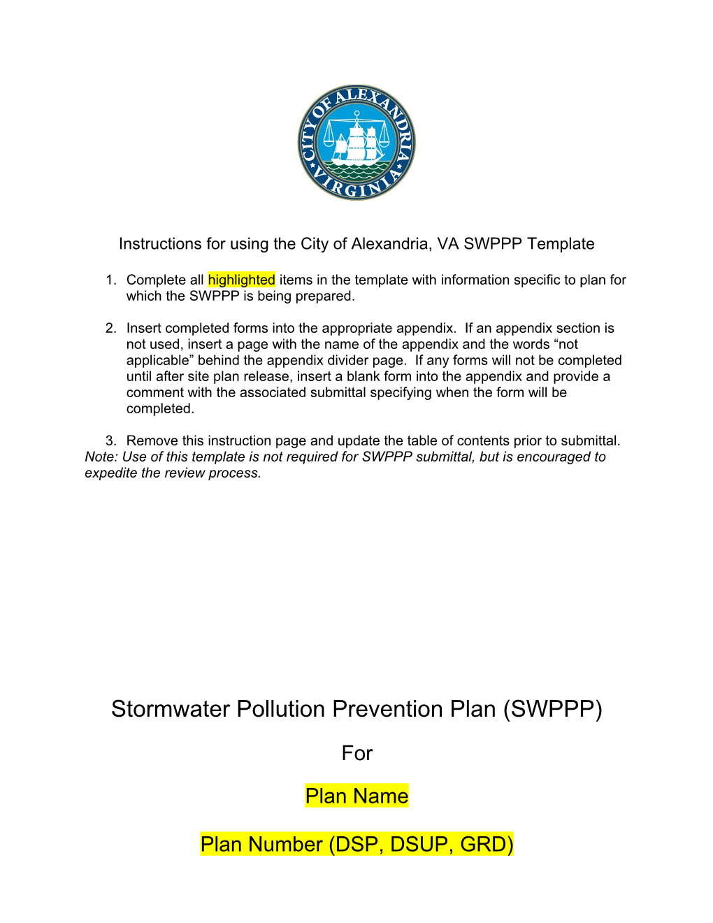 Instructions for Using the City of Alexandria, VA SWPPP Template