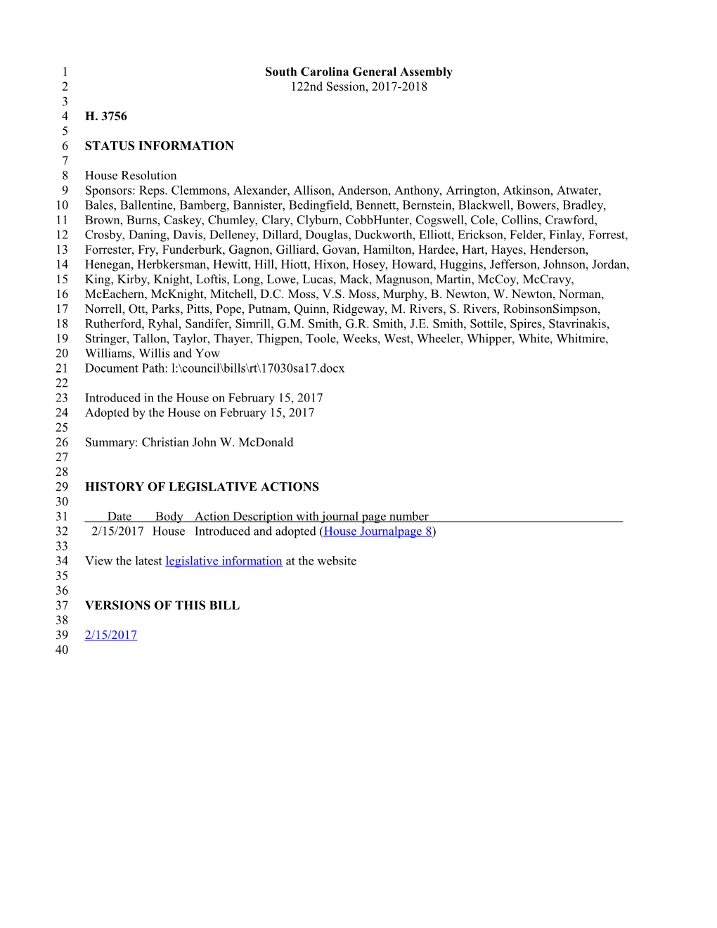 2017-2018 Bill 3756: Christian John W. Mcdonald - South Carolina Legislature Online