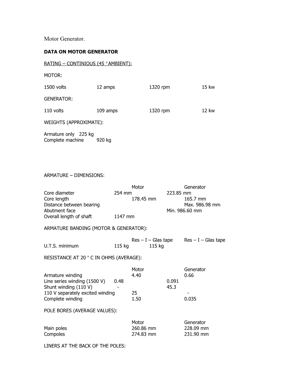 Data on Motor Generator