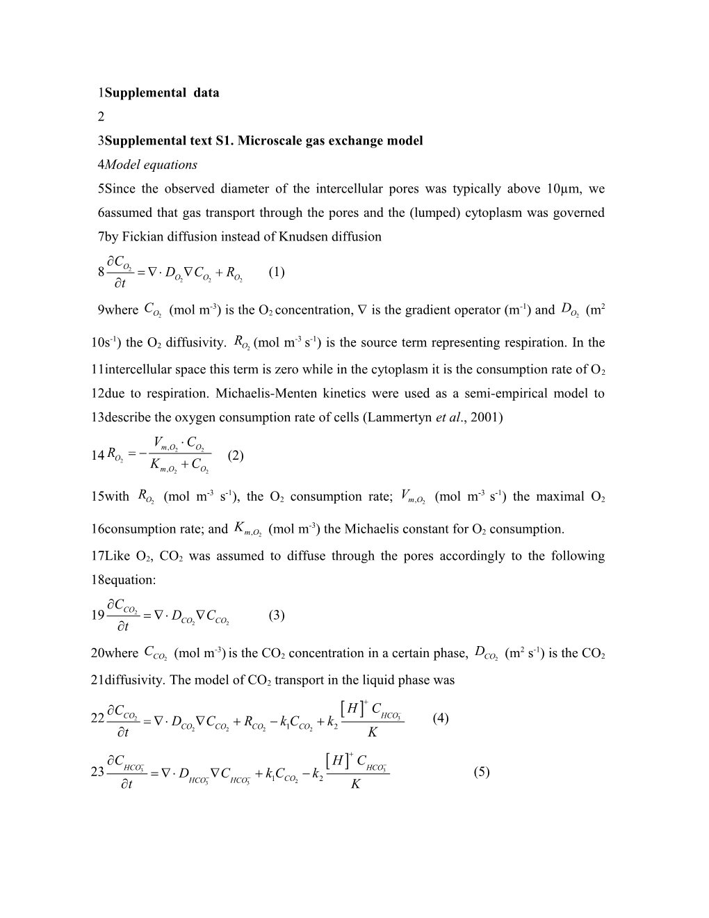 Supplemental Text S1. Microscale Gas Exchange Model