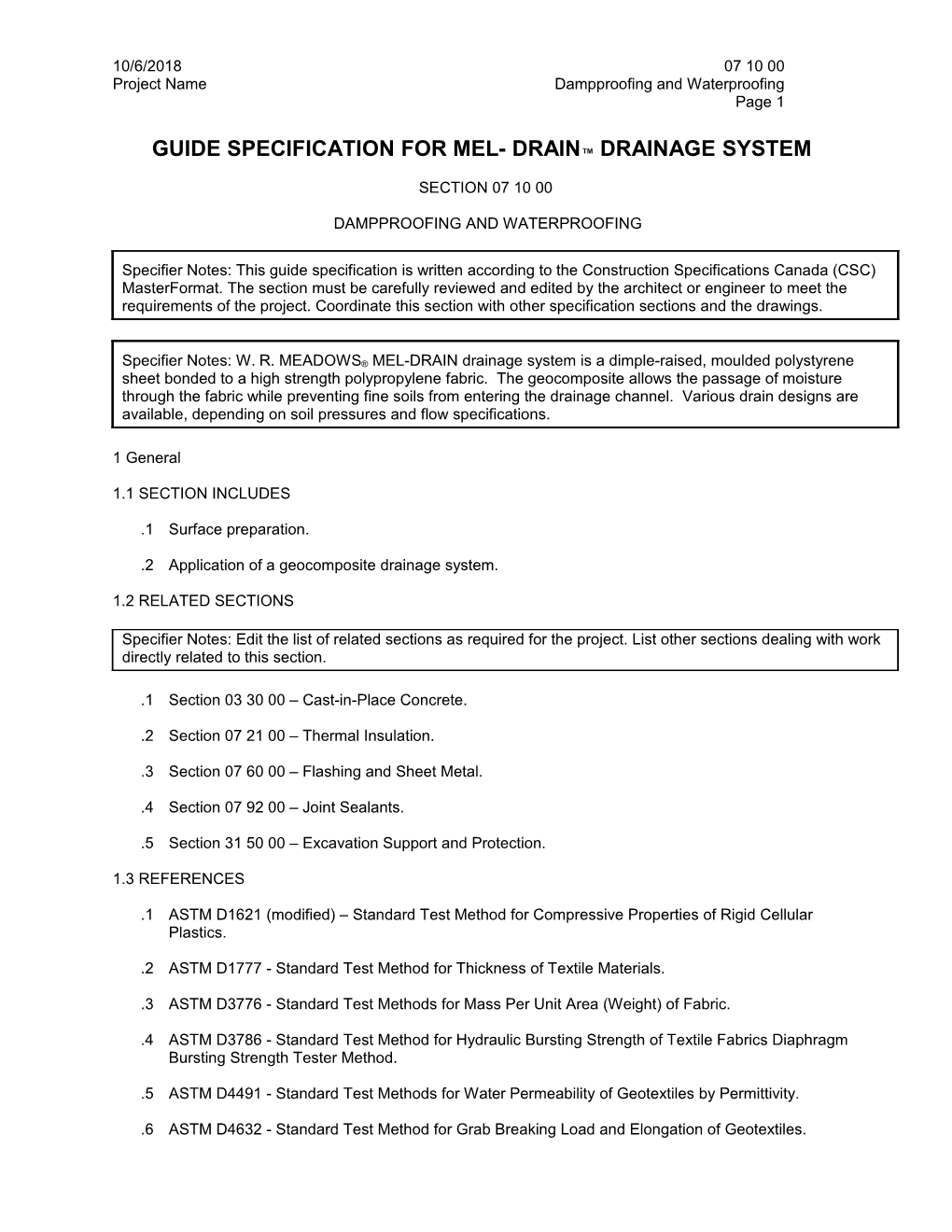 Guide Specification for Mel- Drain Drainage System