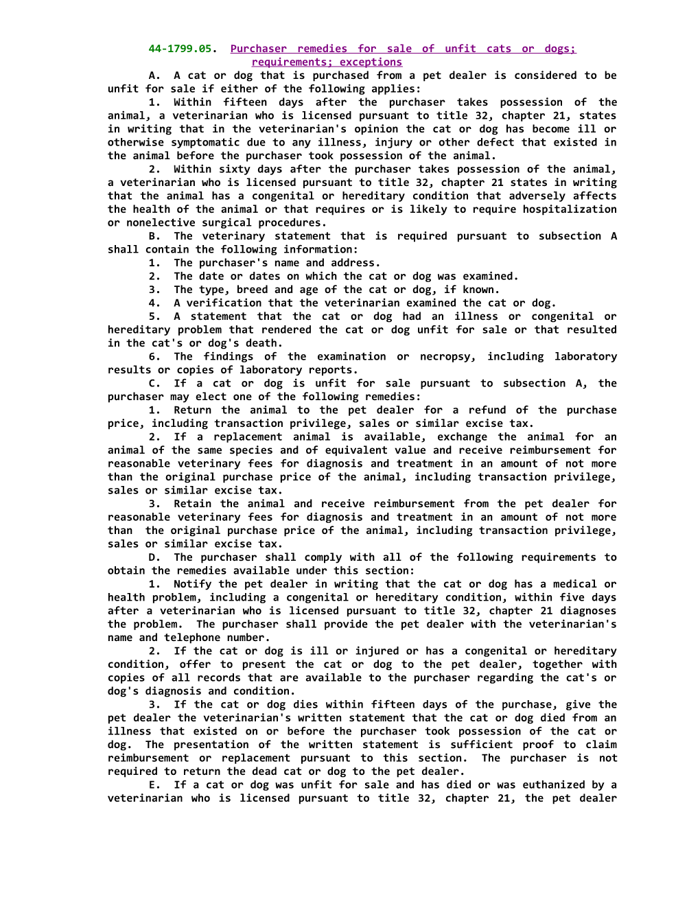 START STATUTE44-1799.05.Purchaser Remedies for Sale of Unfit Cats Or Dogs; Requirements;