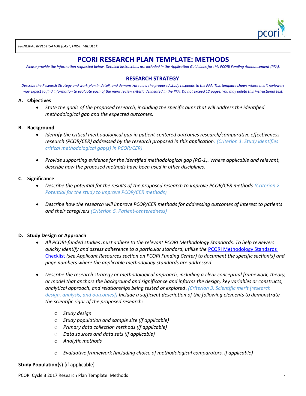 Pcori Research Plan Template: Methods