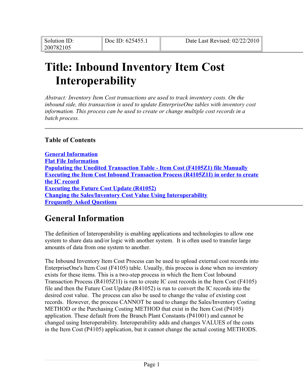 Title: Inbound Inventory Item Cost Interoperability