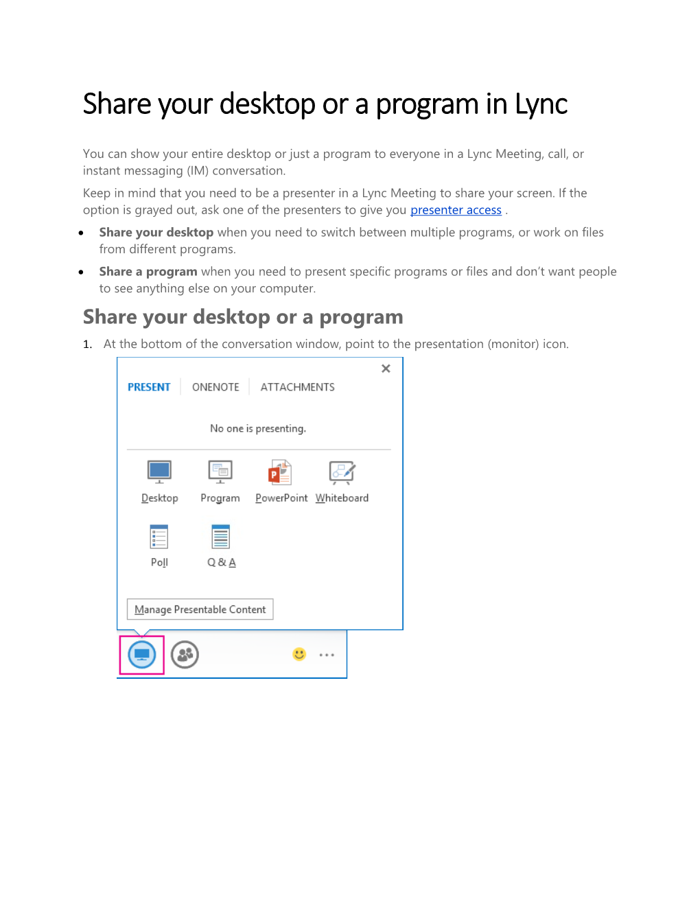 Share Your Desktop Or a Program in Lync