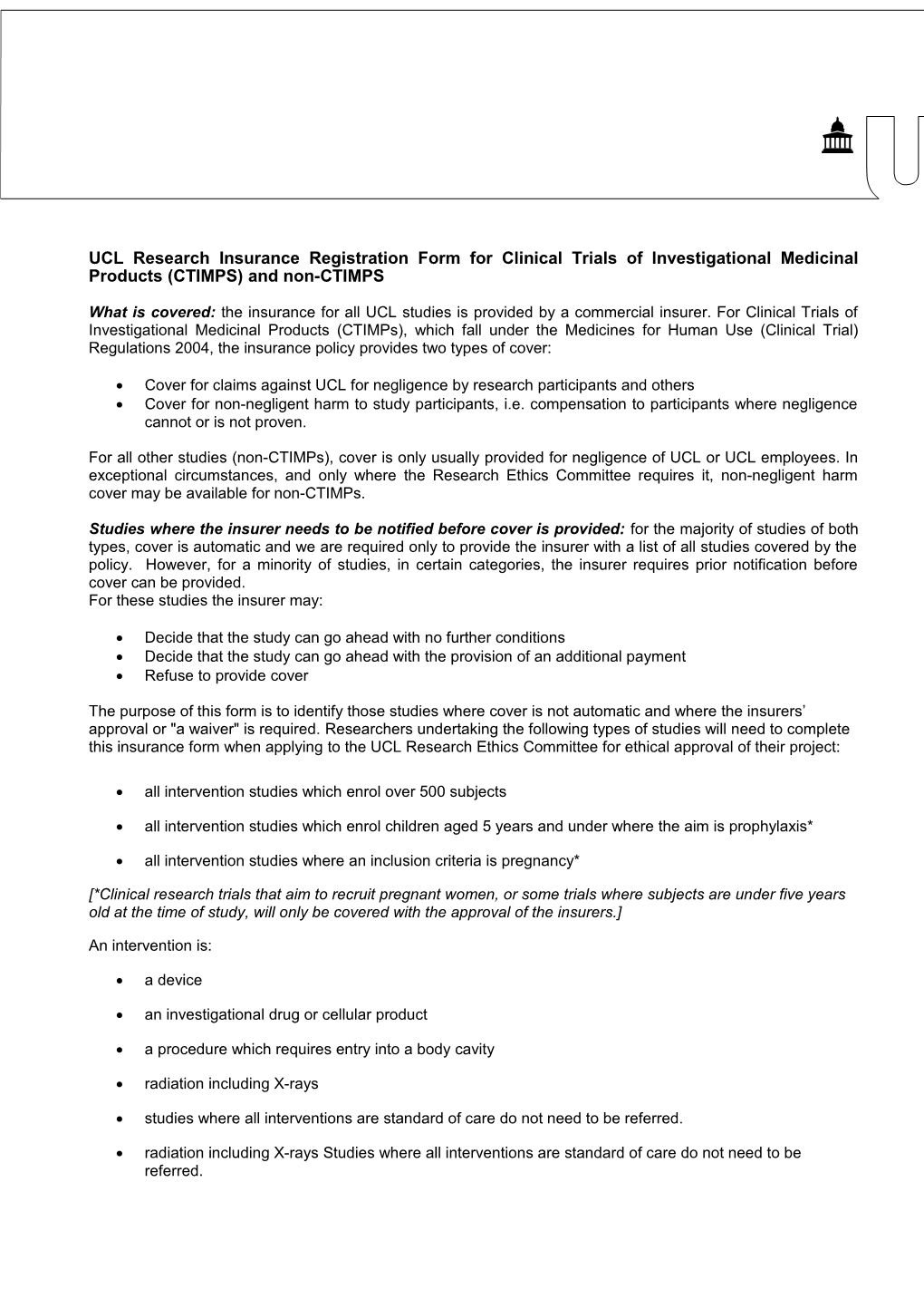 UCL Research Insurance Registration Form for Clinical Trials of Investigational Medicinal