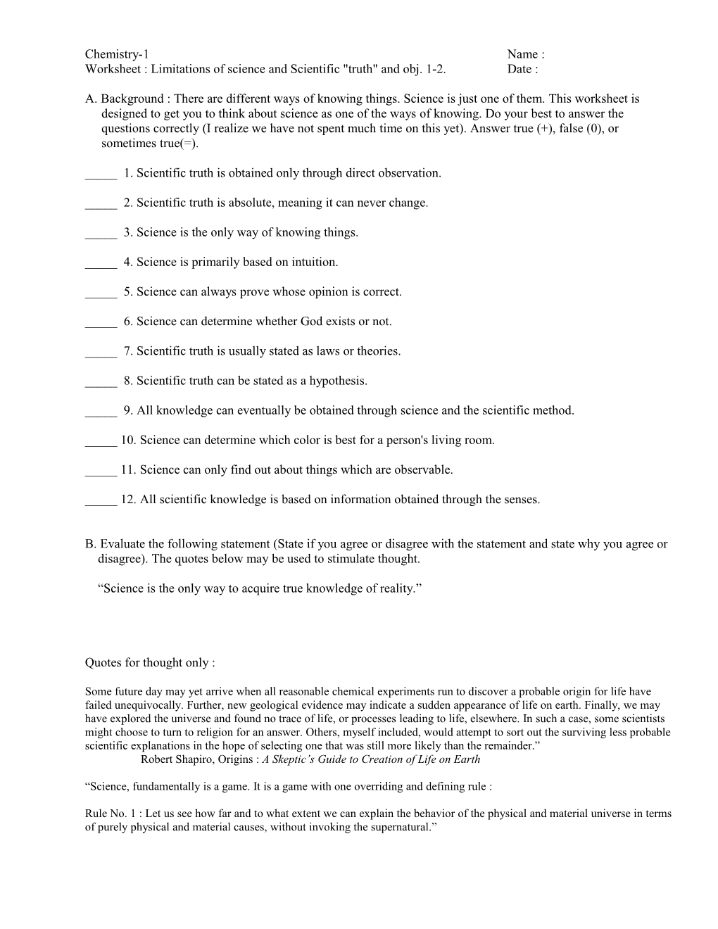 Worksheet : Limitations of Science and Scientific Truth and Obj. 1-2.Date