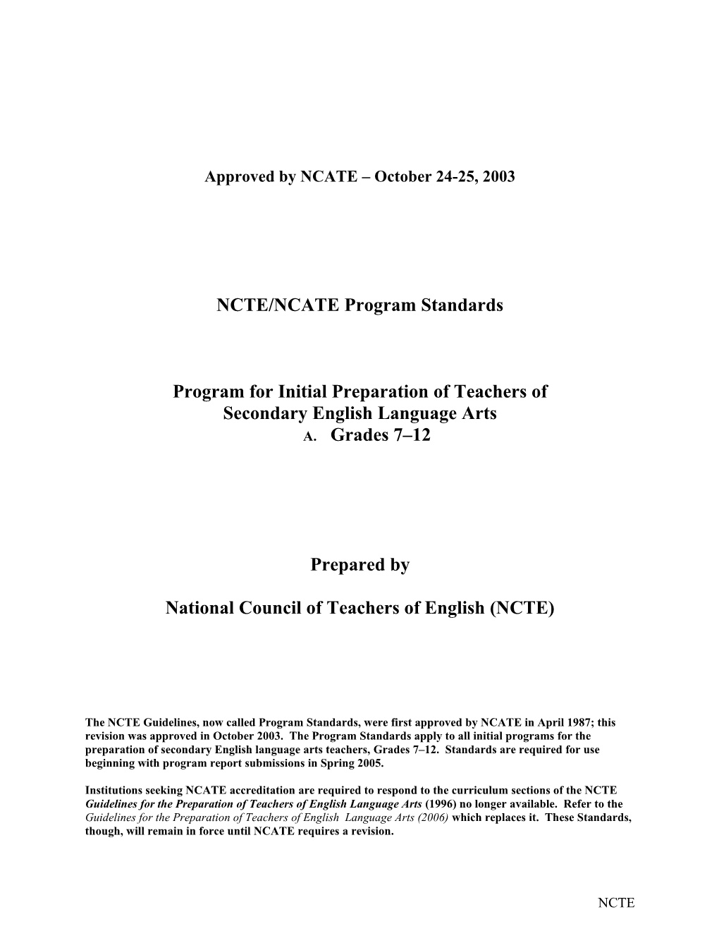 NCTE/NCATE Program Standards
