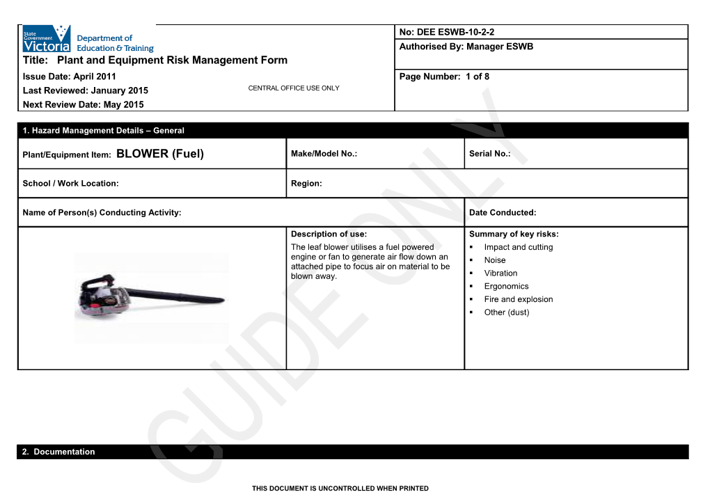 Plant and Equipment Risk Management Form - Leaf Blower/ Vaccume (Fuel)