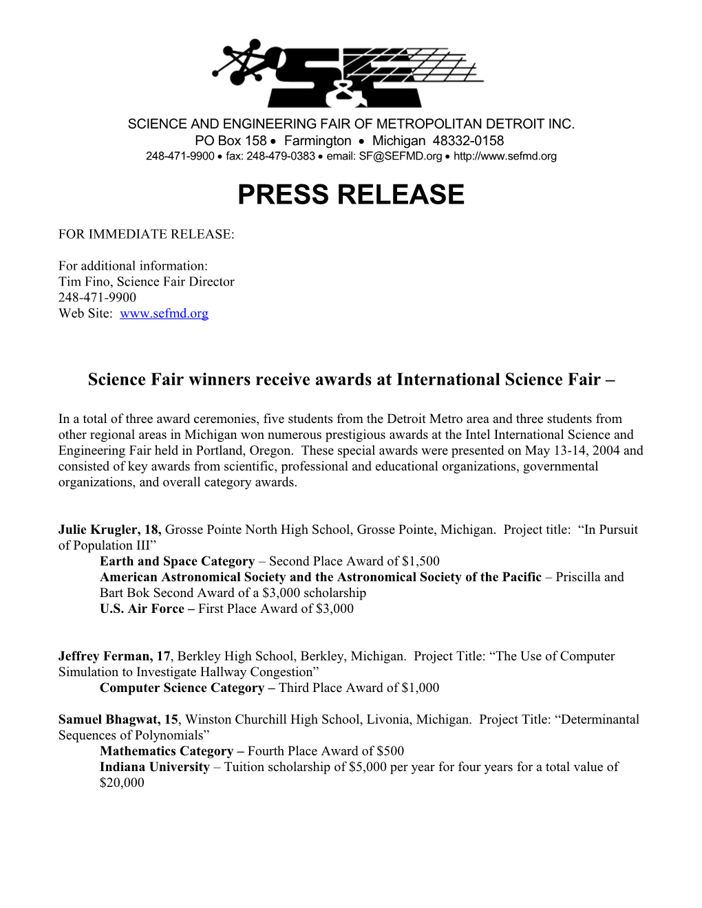 Press Release-ISEF Awards