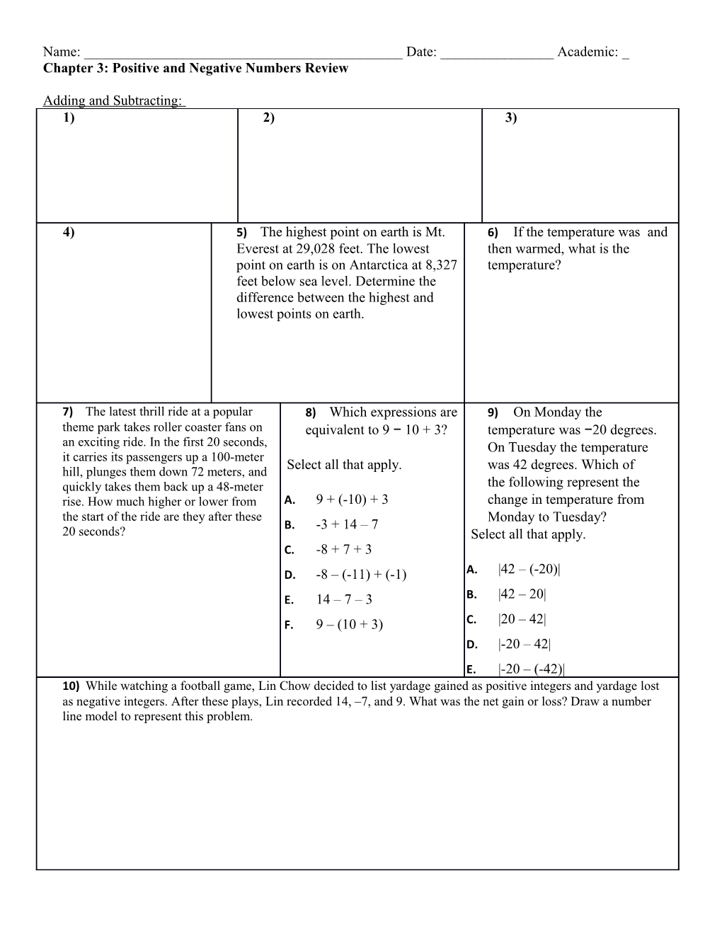 Chapter 3: Positive and Negative Numbers Review