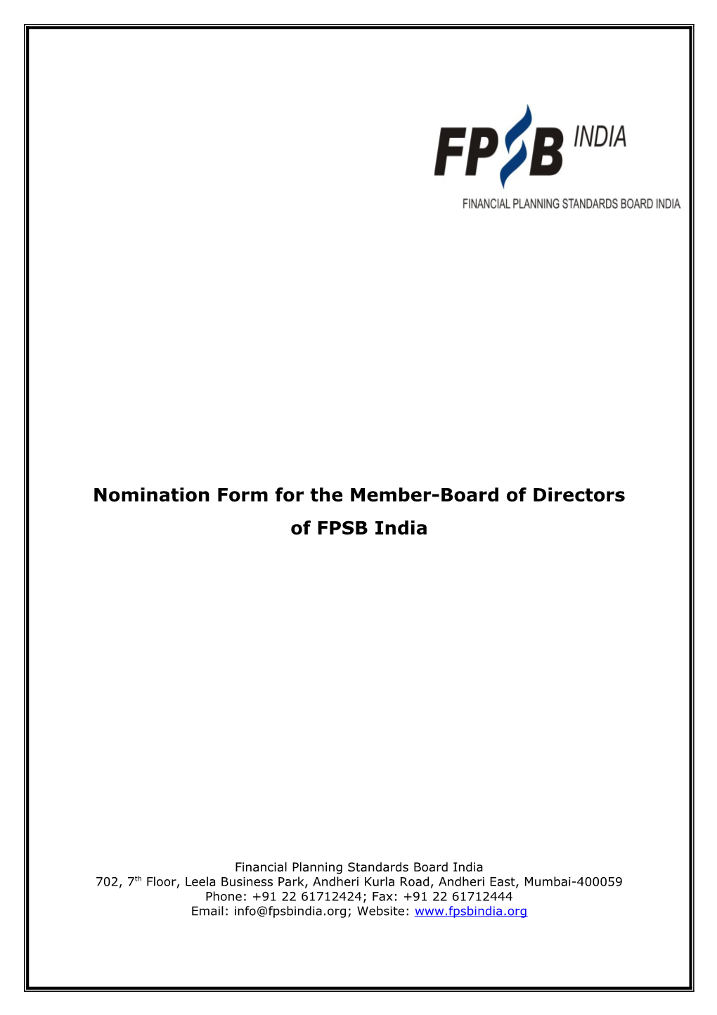 Nomination Form for the Member-Board of Directors Offpsb India