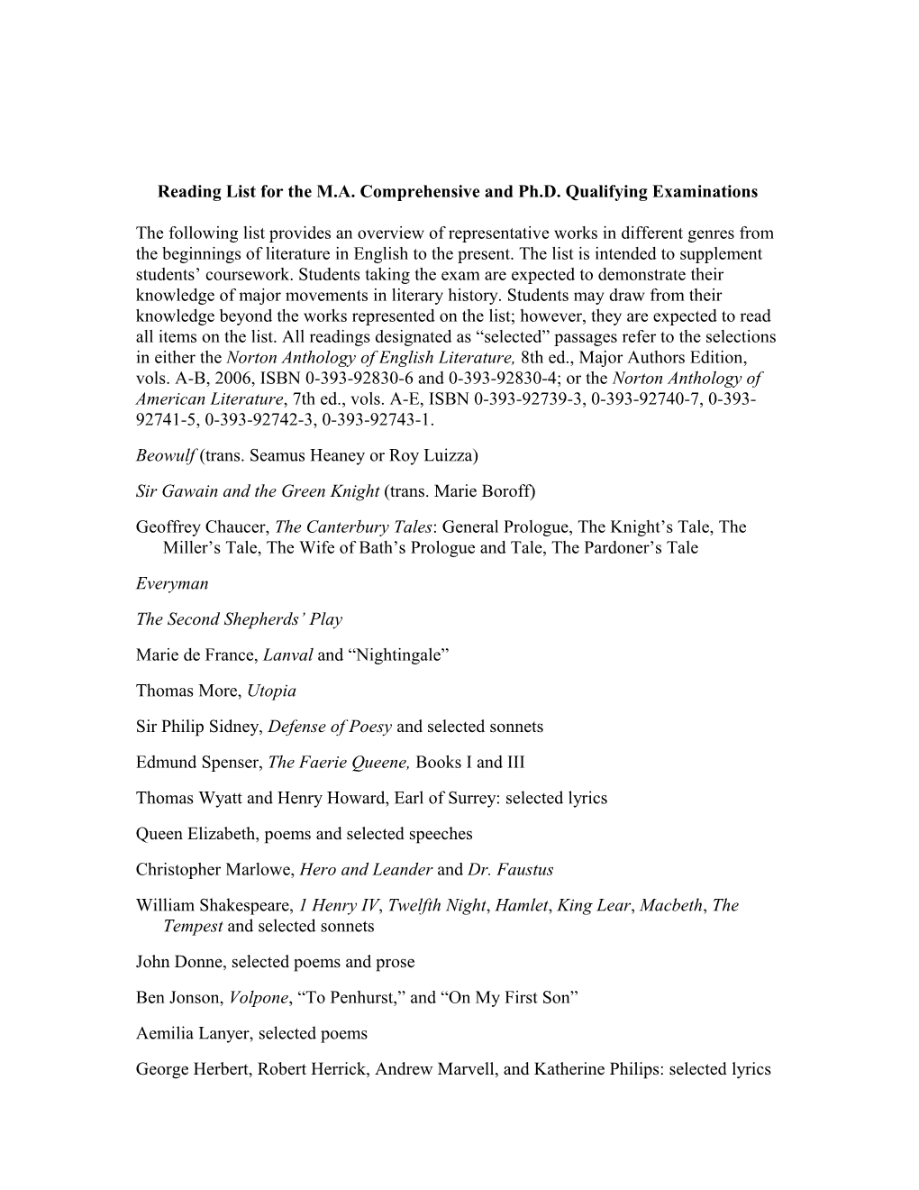 Reading List for the M.A. Comprehensive and Ph.D. Qualifying Examinations