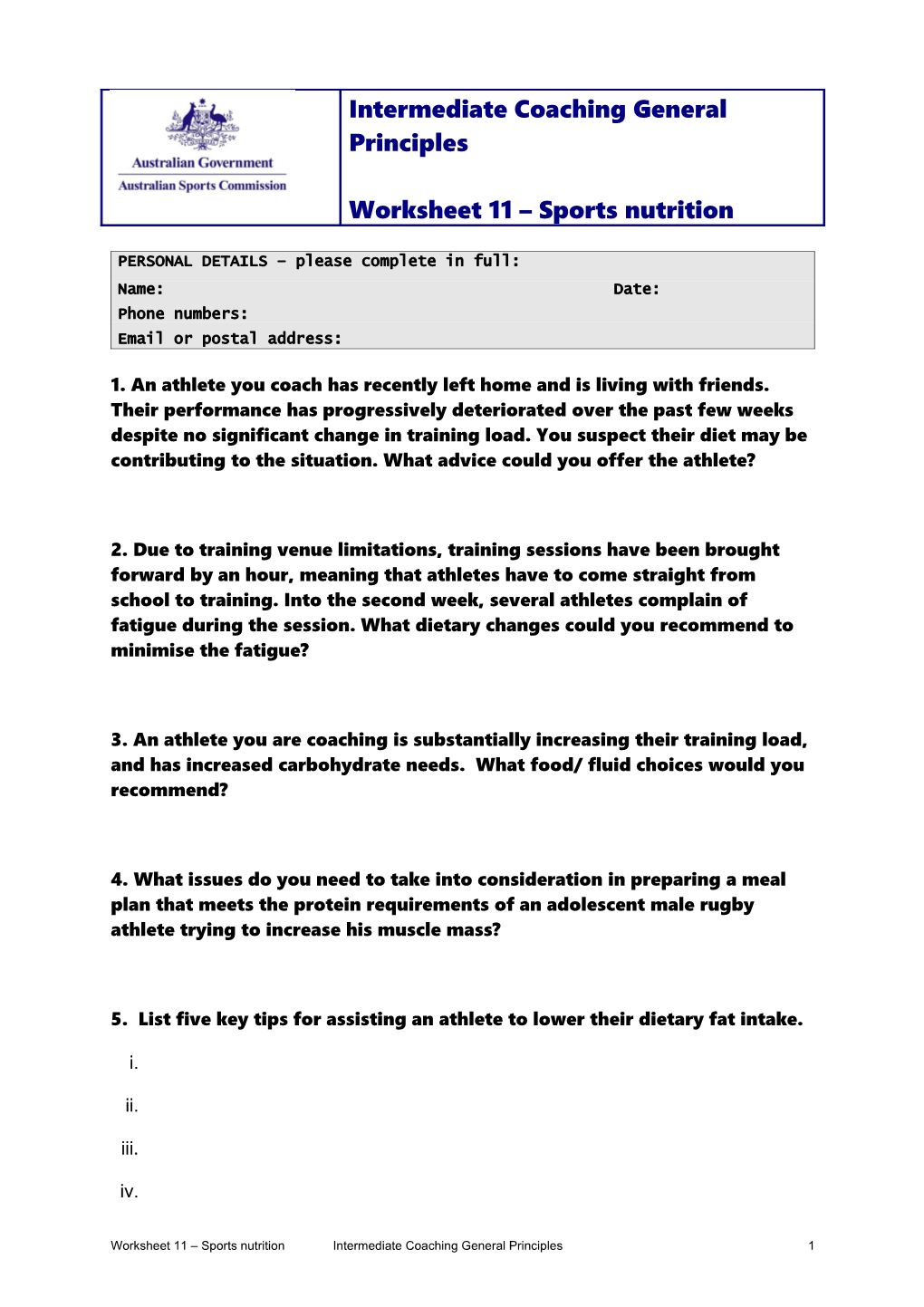 Sports Nutrition - Worksheet