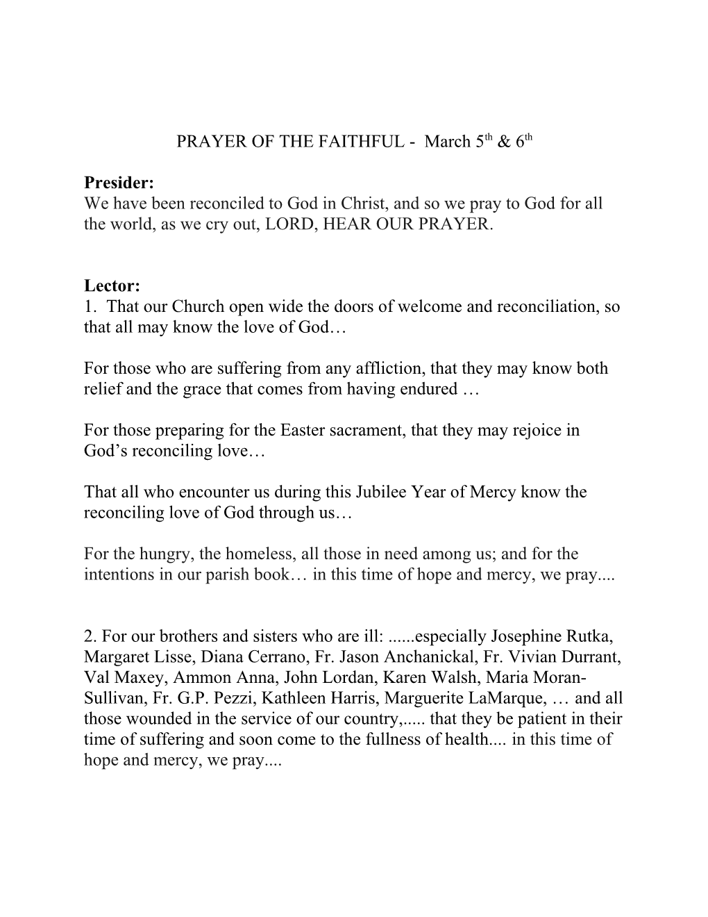 PRAYER of the FAITHFUL - March 5Th & 6Th
