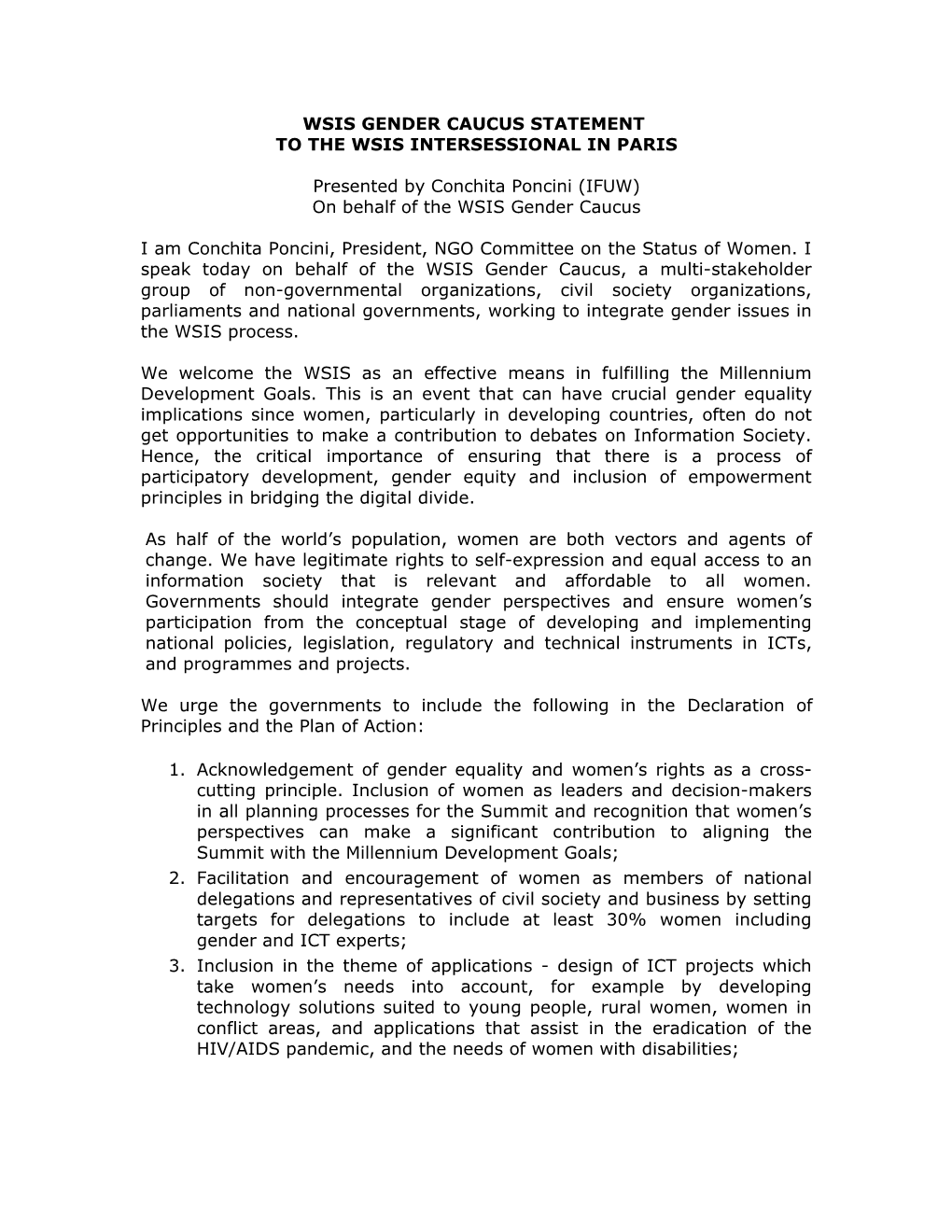 Wsis Gender Caucus Statement