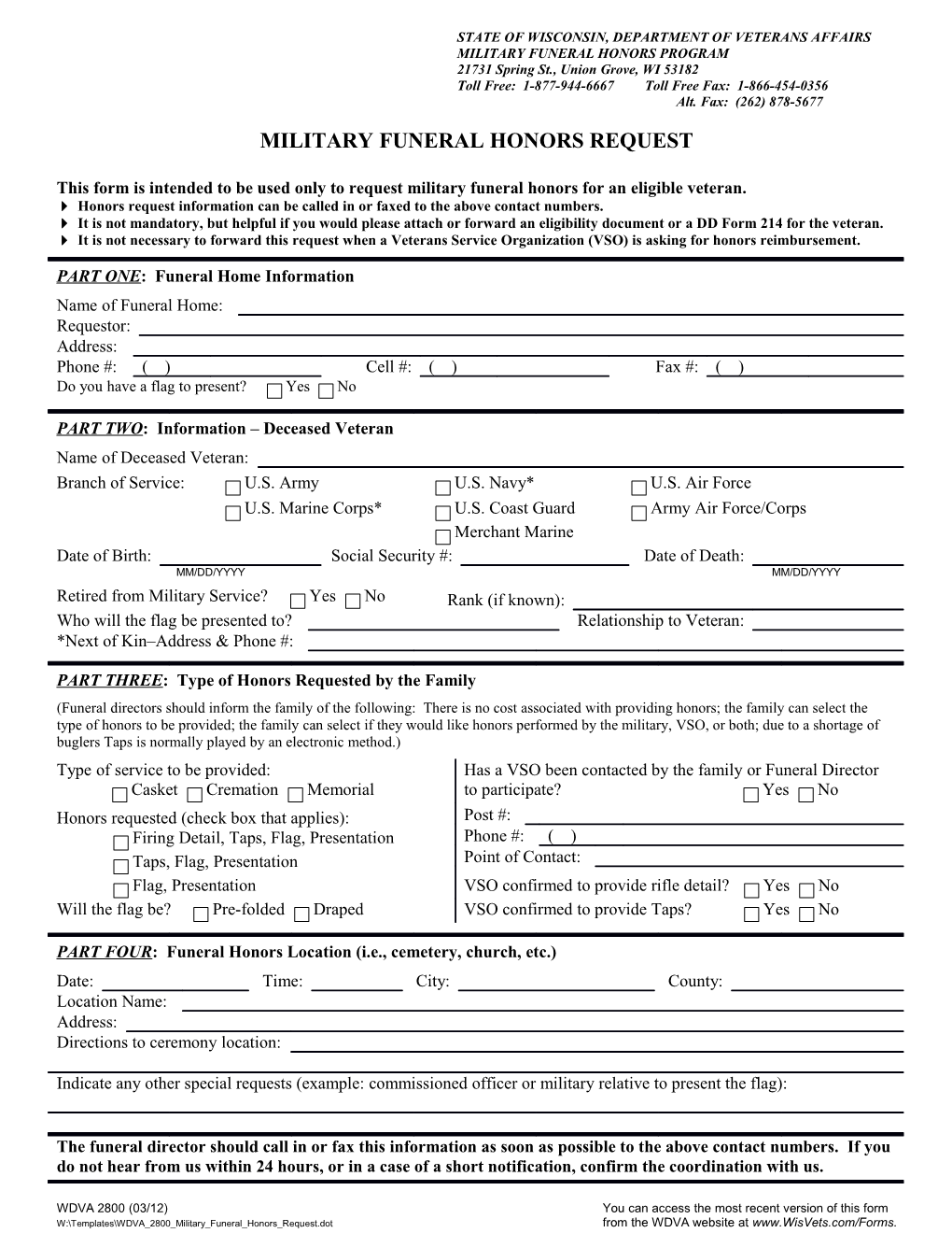WDVA 2800 - Military Funeral Honors Request (Fillable for Printing)