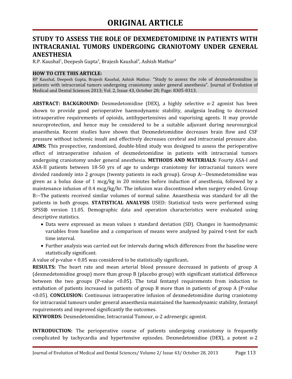 Study to Assess the Role of Dexmedetomidine in Patients with Intracranial Tumors Undergoing