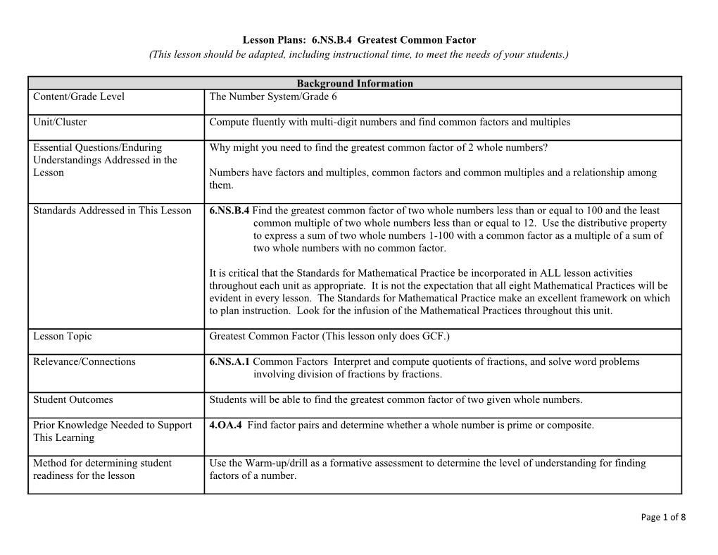 Lesson Plans: 6.NS.B.4 Greatest Common Factor