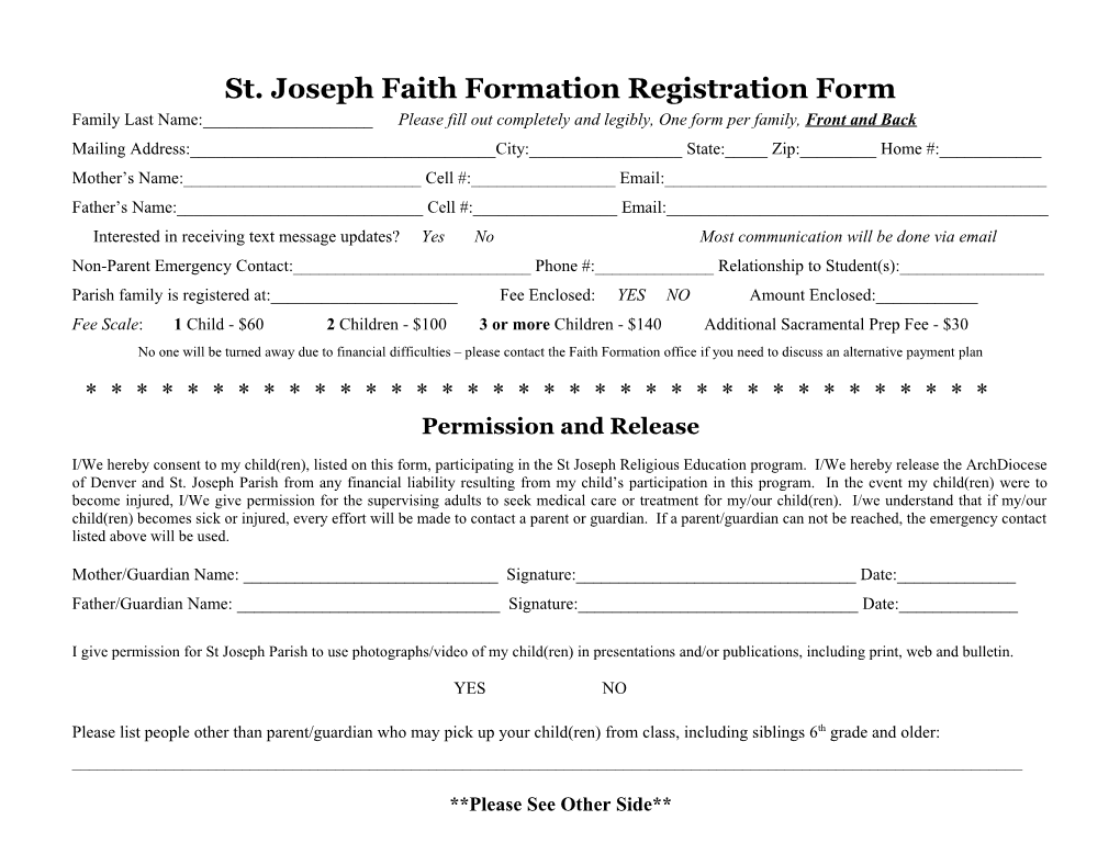 Summer Religious Education Registration and Release Form