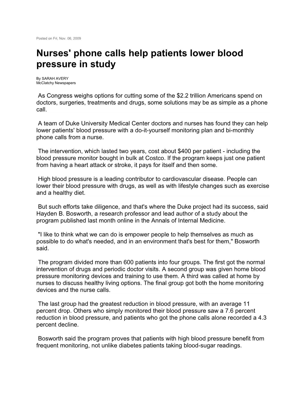 Nurses' Phone Calls Help Patients Lower Blood Pressure in Study