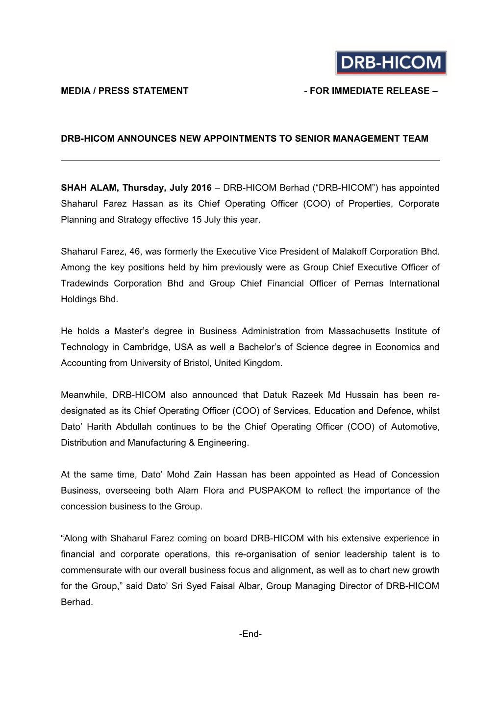 Drb-Hicom Announces New Appointments to Senior Management Team