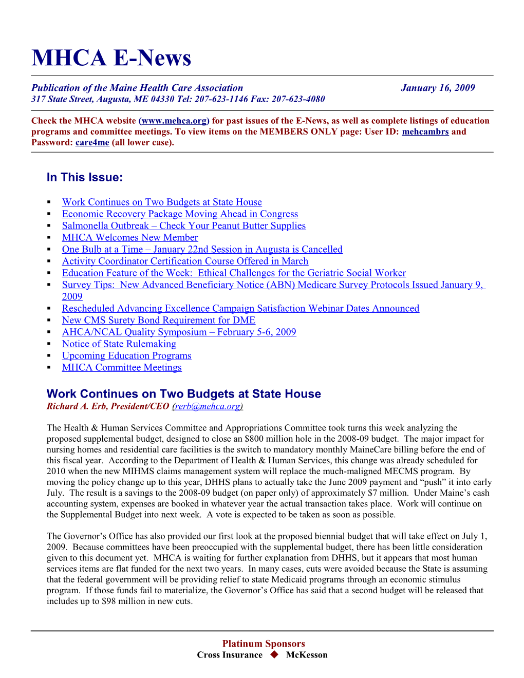 Publication of the Maine Health Care Associationjanuary 16, 2009