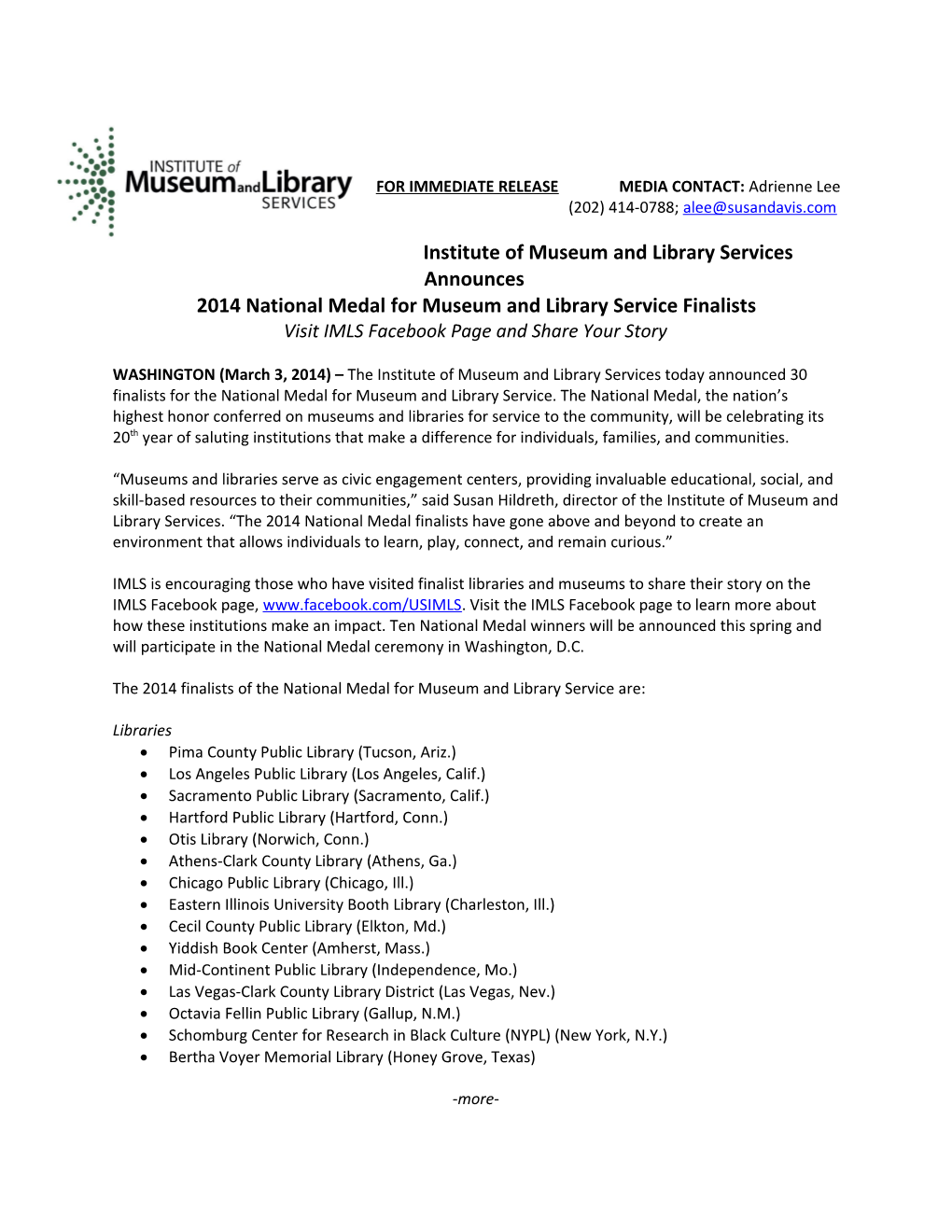 Institute of Museum and Library Services Announces