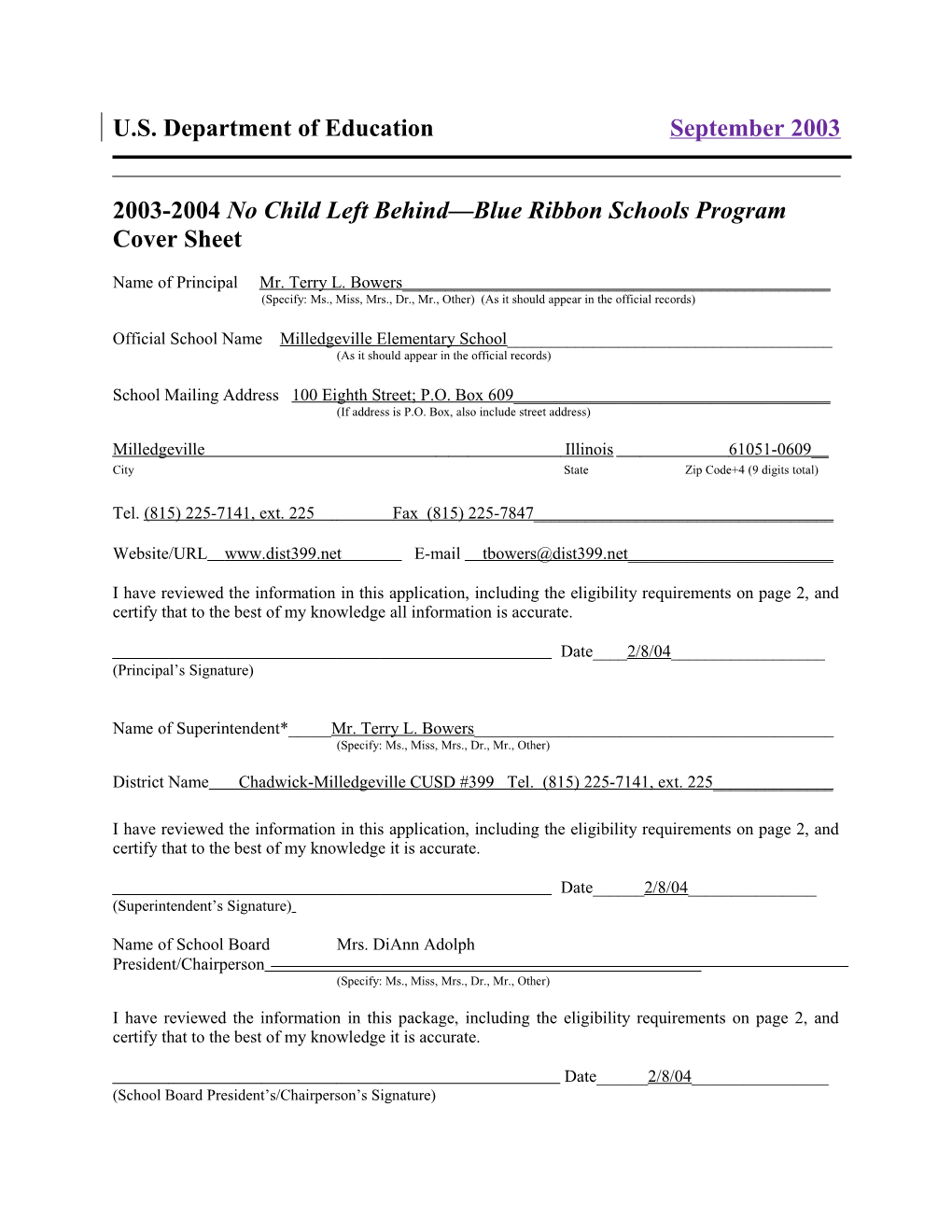 Milledgeville Elementary School 2004 No Child Left Behind-Blue Ribbon School Application