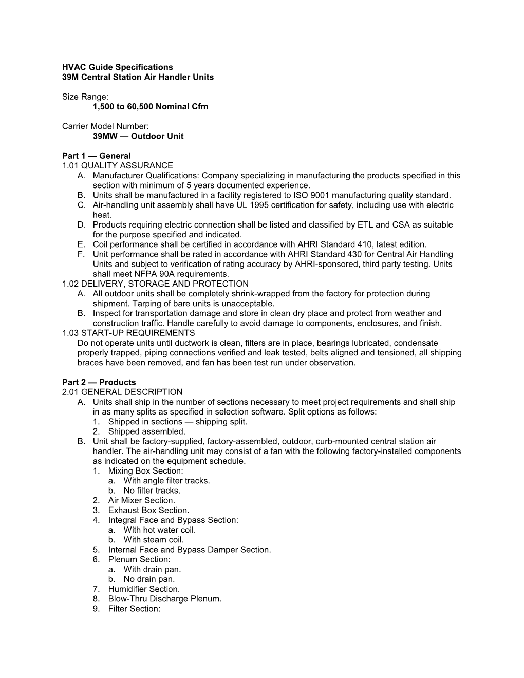 39MW Guide Specifications, 1,500 to 60,500 Nominal Cfm