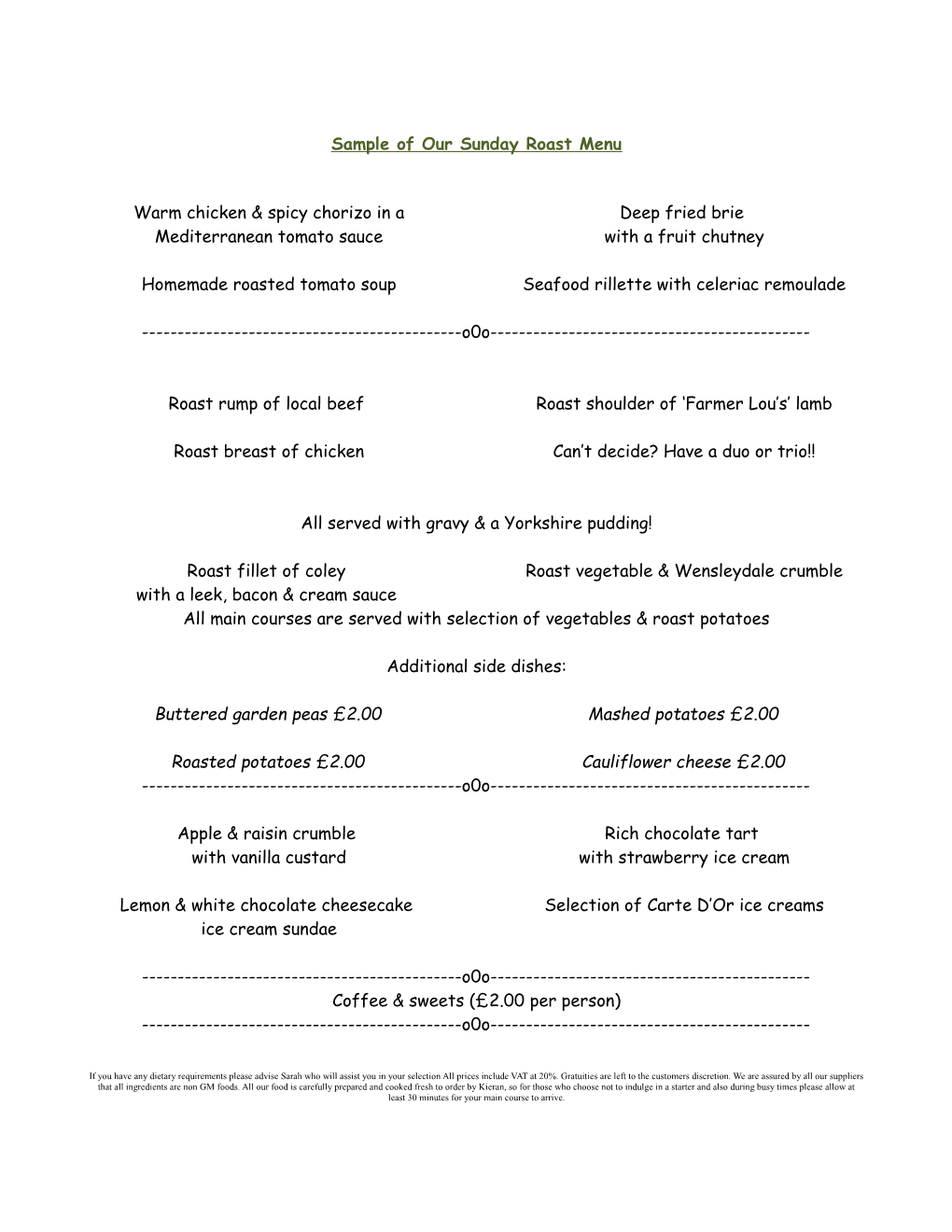 Sample of Our Sunday Roast Menu