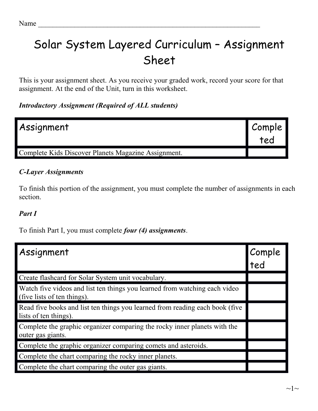 Solar System Layered Curriculum Assignment Sheet