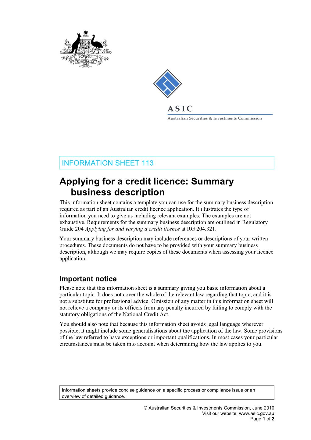 Applying for a Credit Licence: Summary Business Description