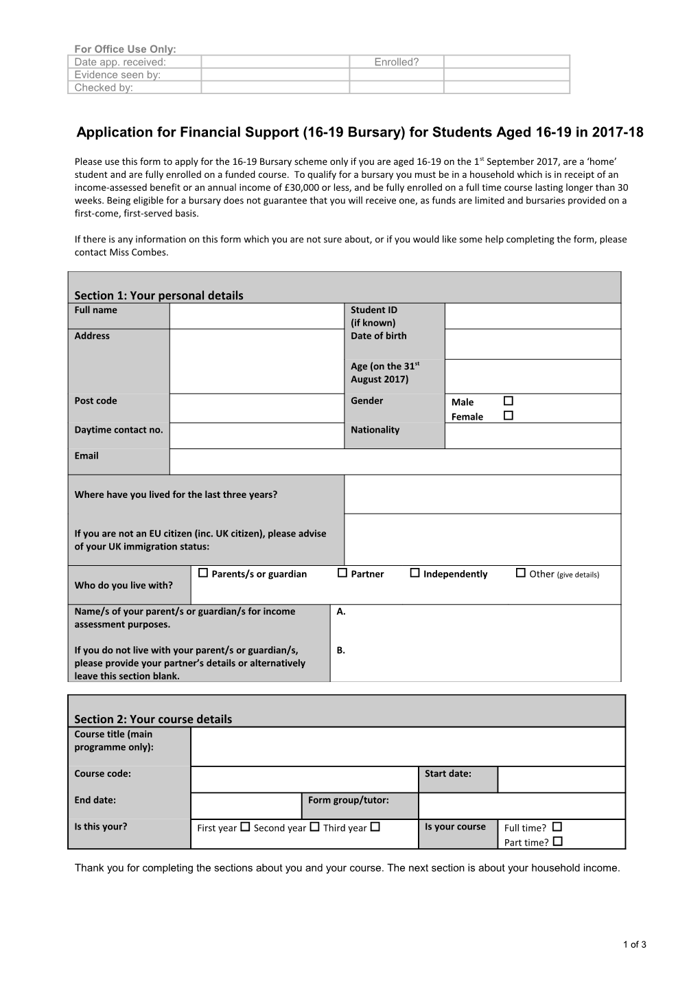 16-19 Bursary Application Form