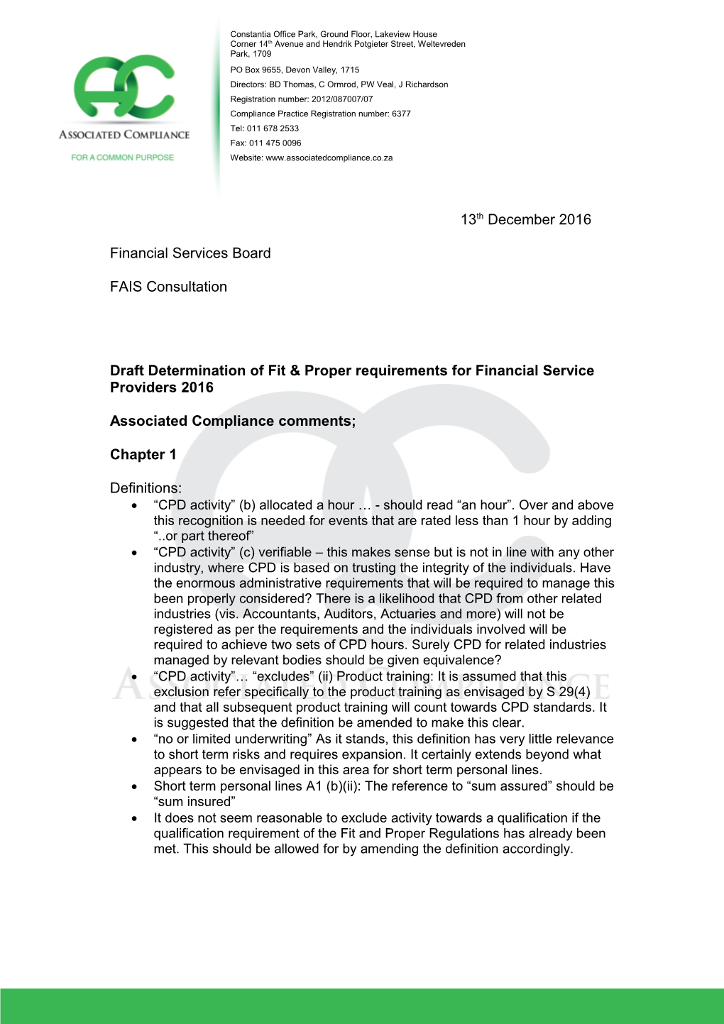 Draft Determination of Fit & Proper Requirements for Financial Service Providers 2016