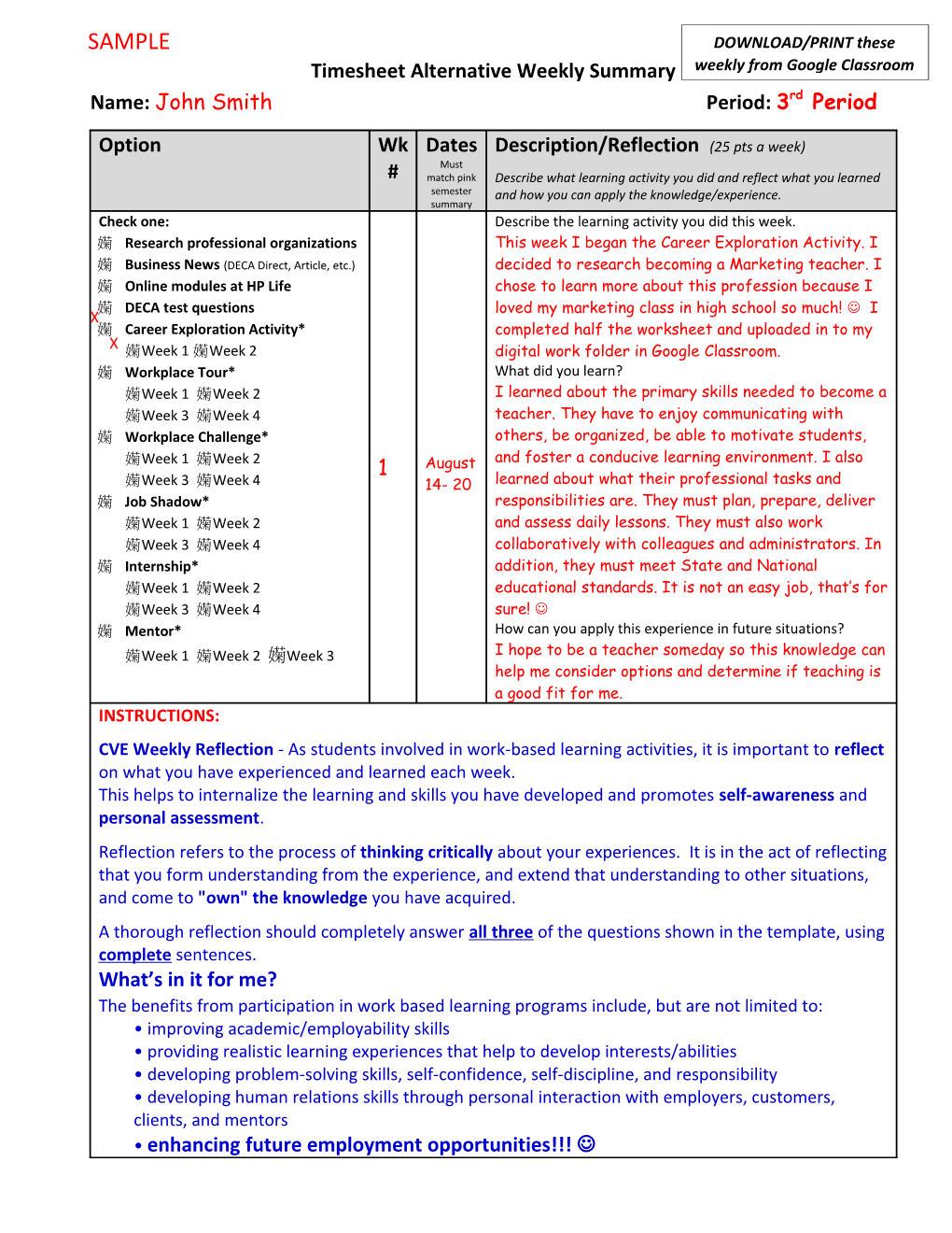 Timesheet Alternative Weekly Summary