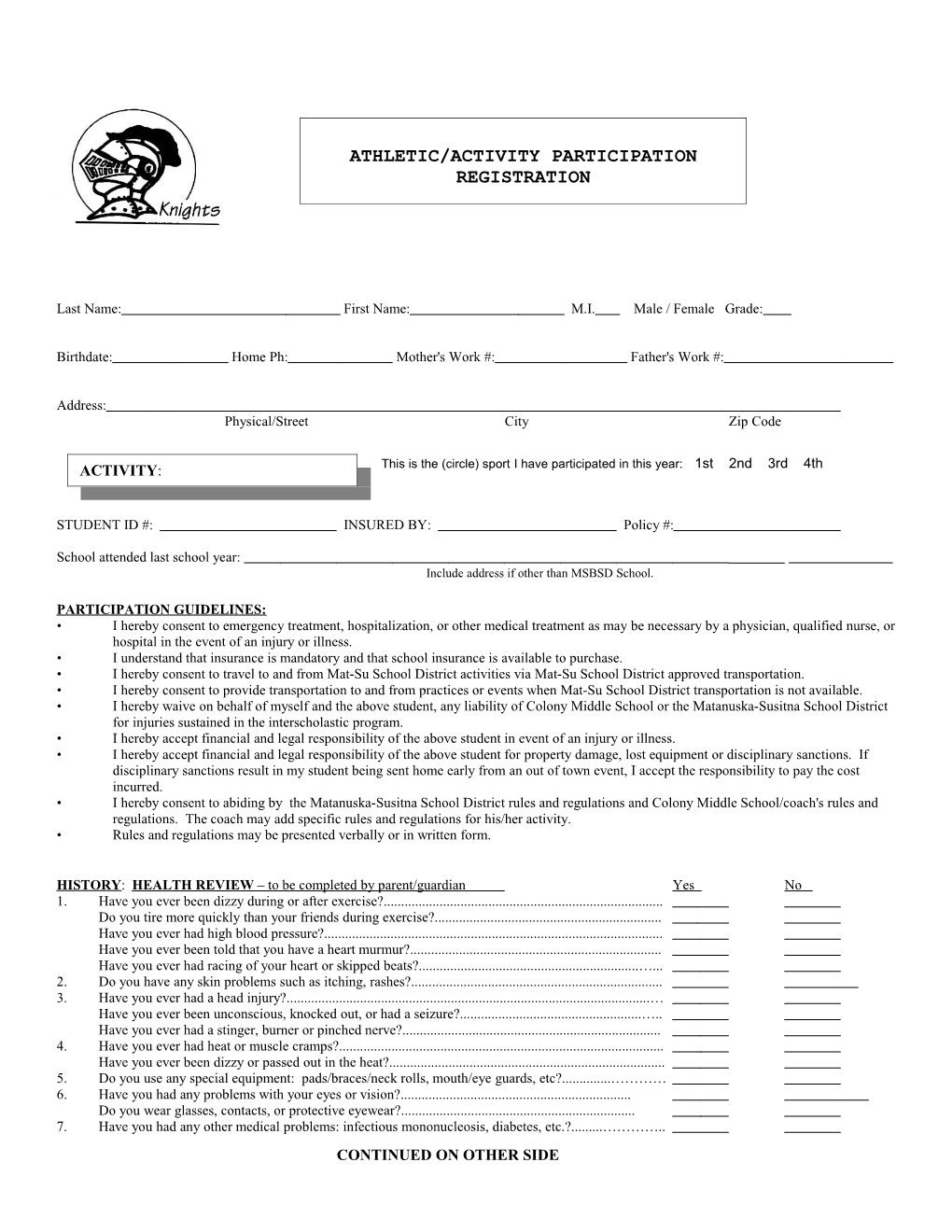 Mat-Su School District Athletic/Activity Participation Registration