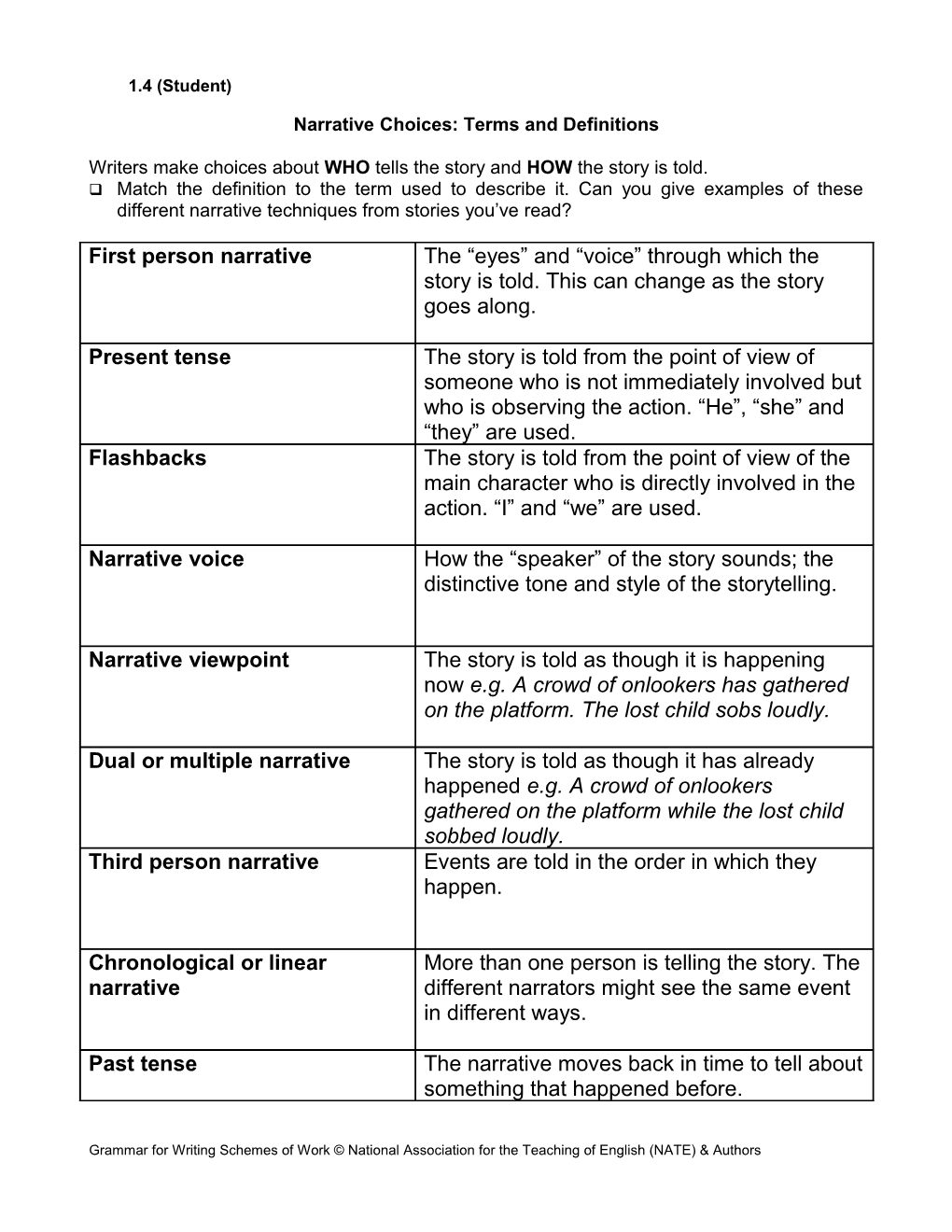 Narrative Choices: Terms and Definitions